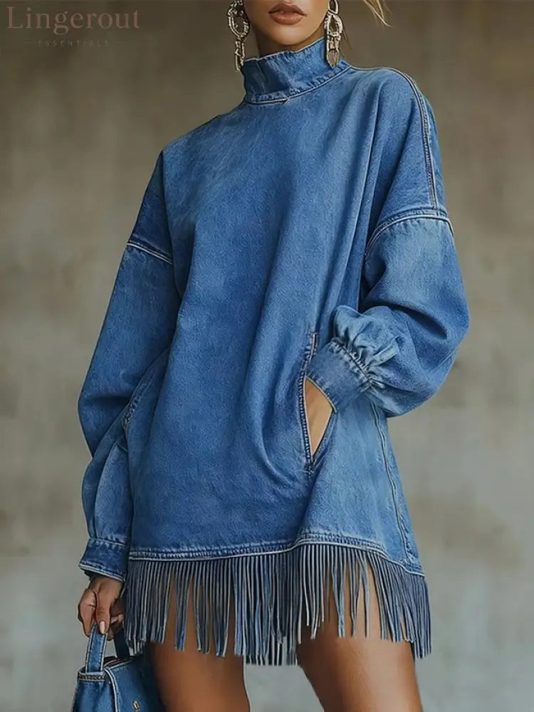 Women Casual Denim Blue Mini Dress Turtleneck H-Line Fall Daily - Denim Blue / S(4-6)