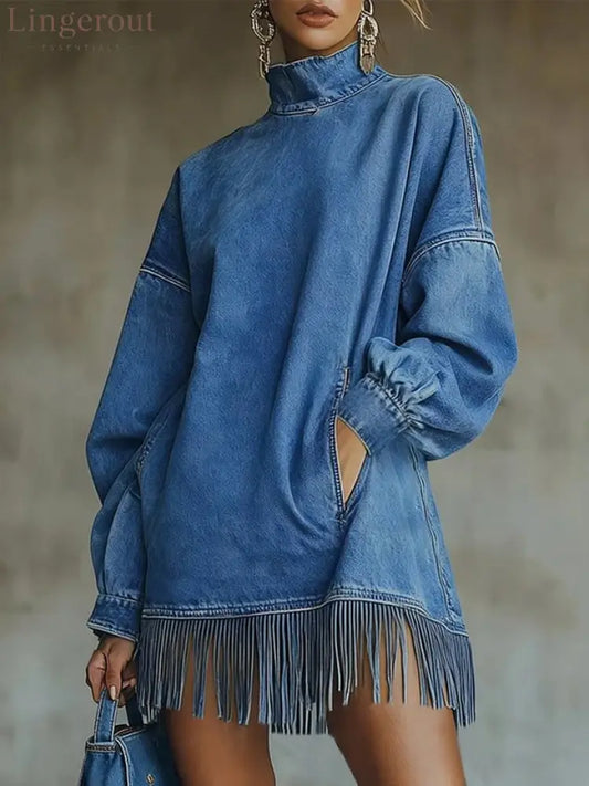 Women Casual Denim Blue Mini Dress Turtleneck H-Line Fall Daily - Denim Blue / S(4-6)