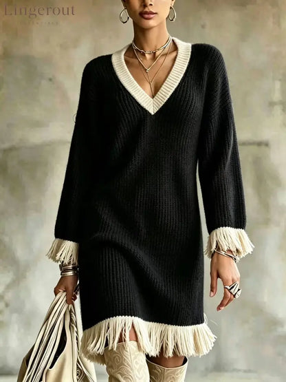 Women Color‑Block Knit Sweater Dress V‑Neck Long Sleeve Fringe Trim Cuff & Hem Loose Fall Winter Mini Dress