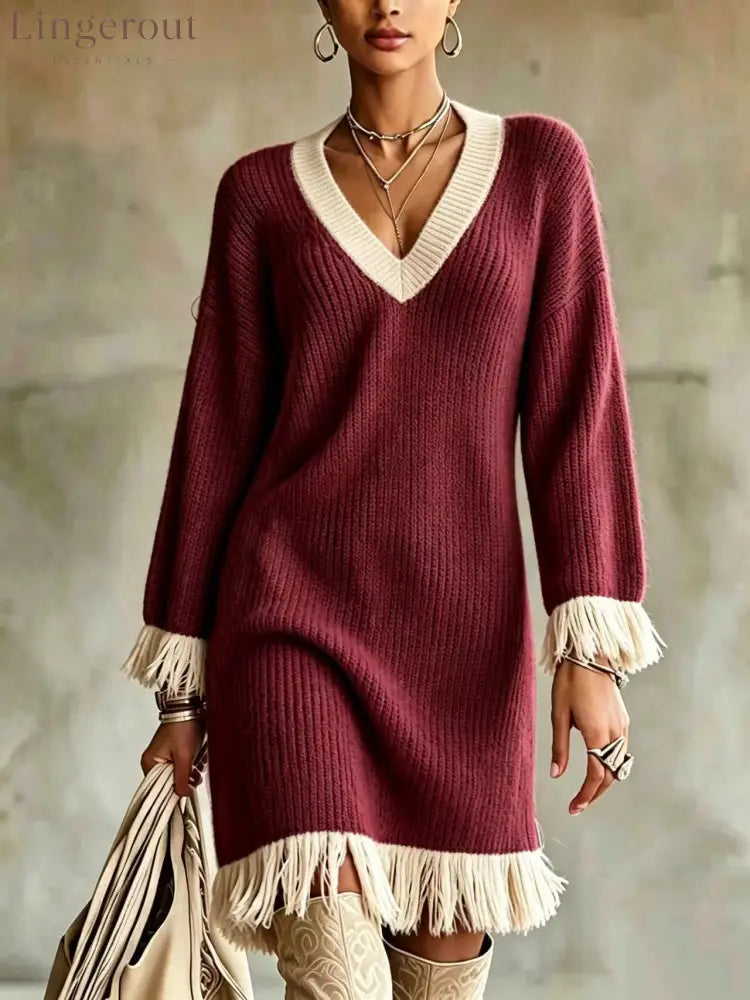 Women Color‑Block Knit Sweater Dress V‑Neck Long Sleeve Fringe Trim Cuff & Hem Loose Fall Winter Mini Dress - Burgundy