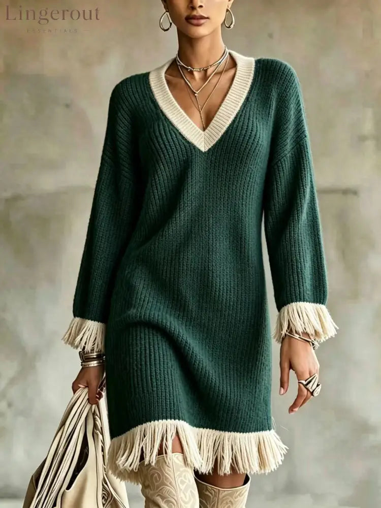 Women Color‑Block Knit Sweater Dress V‑Neck Long Sleeve Fringe Trim Cuff & Hem Loose Fall Winter Mini Dress