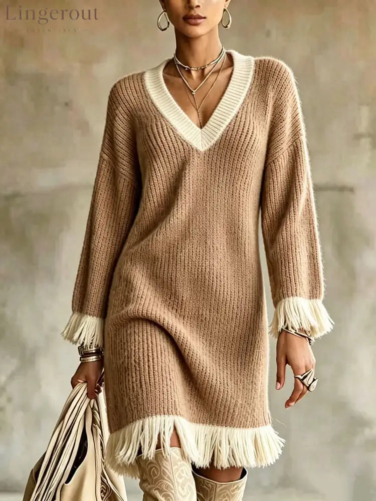 Women Color‑Block Knit Sweater Dress V‑Neck Long Sleeve Fringe Trim Cuff & Hem Loose Fall Winter Mini Dress - Khaki / S