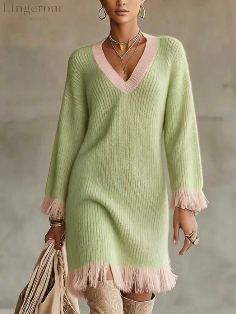 Women Color‑Block Knit Sweater Dress V‑Neck Long Sleeve Fringe Trim Cuff & Hem Loose Fall Winter Mini Dress - Light