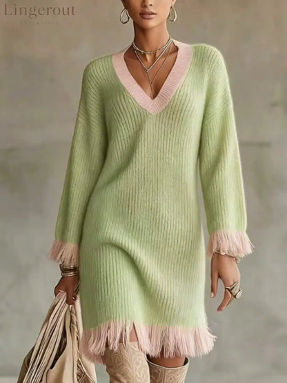 Women Color‑Block Knit Sweater Dress V‑Neck Long Sleeve Fringe Trim Cuff & Hem Loose Fall Winter Mini Dress - Light