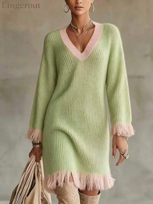 Women Color‑Block Knit Sweater Dress V‑Neck Long Sleeve Fringe Trim Cuff & Hem Loose Fall Winter Mini Dress - Light