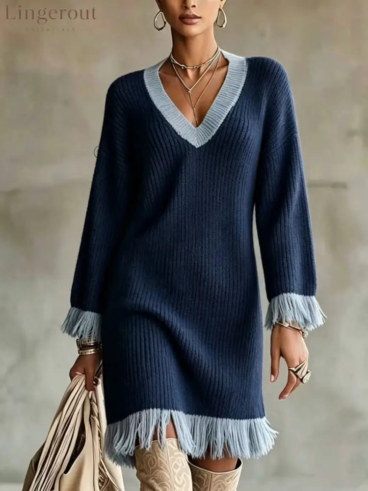 Women Color‑Block Knit Sweater Dress V‑Neck Long Sleeve Fringe Trim Cuff & Hem Loose Fall Winter Mini Dress - Navy Blue