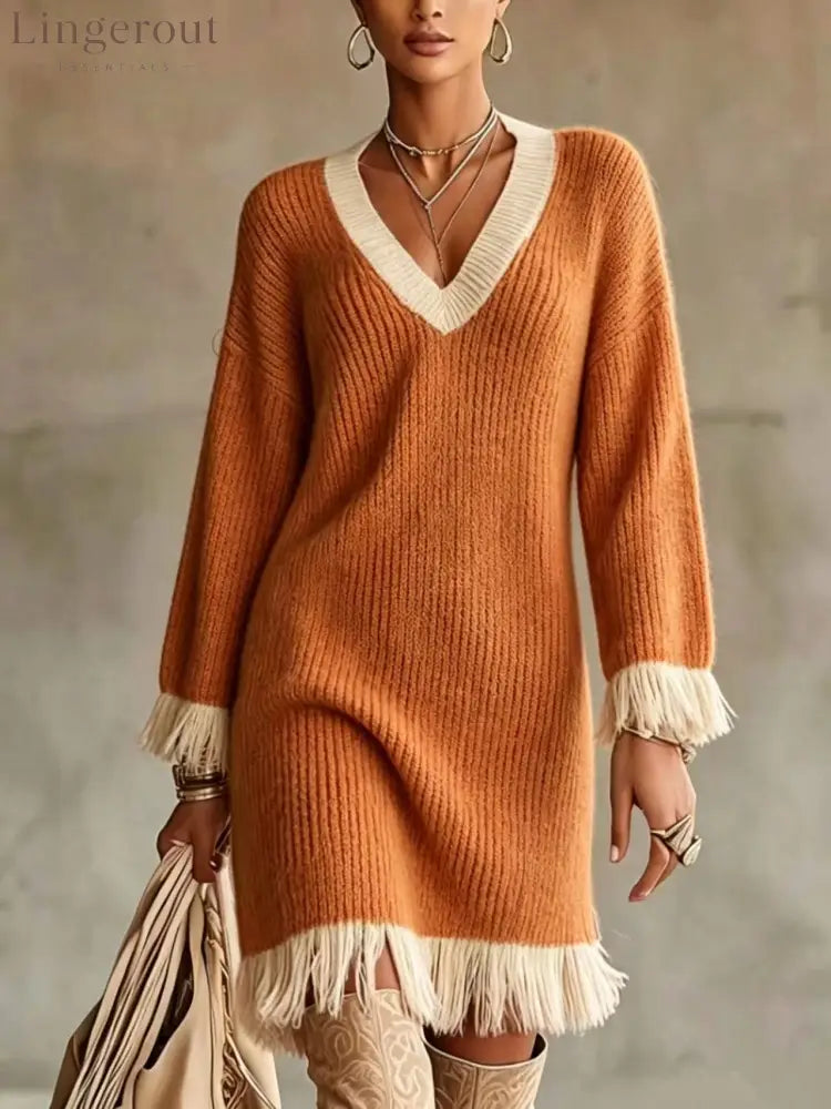 Women Color‑Block Knit Sweater Dress V‑Neck Long Sleeve Fringe Trim Cuff & Hem Loose Fall Winter Mini Dress - Orange / S