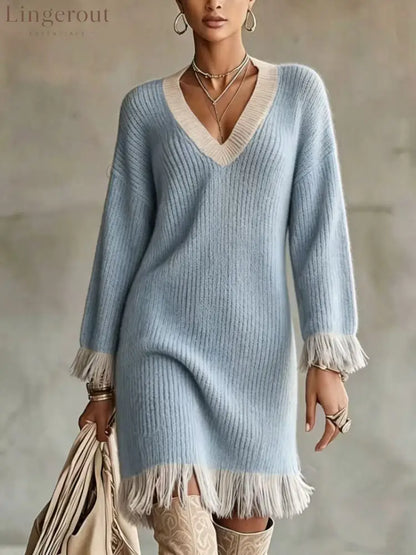 Women Color‑Block Knit Sweater Dress V‑Neck Long Sleeve Fringe Trim Cuff & Hem Loose Fall Winter Mini Dress - Sky‑Blue