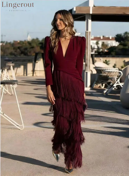 Women Deep V Puff Sleeve Wrap Fringe Midi Dress - Claret / XS
