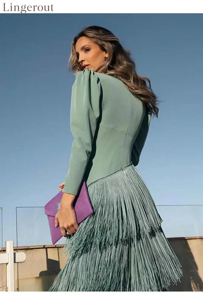 Women Deep V Puff Sleeve Wrap Fringe Midi Dress - Light green / XS