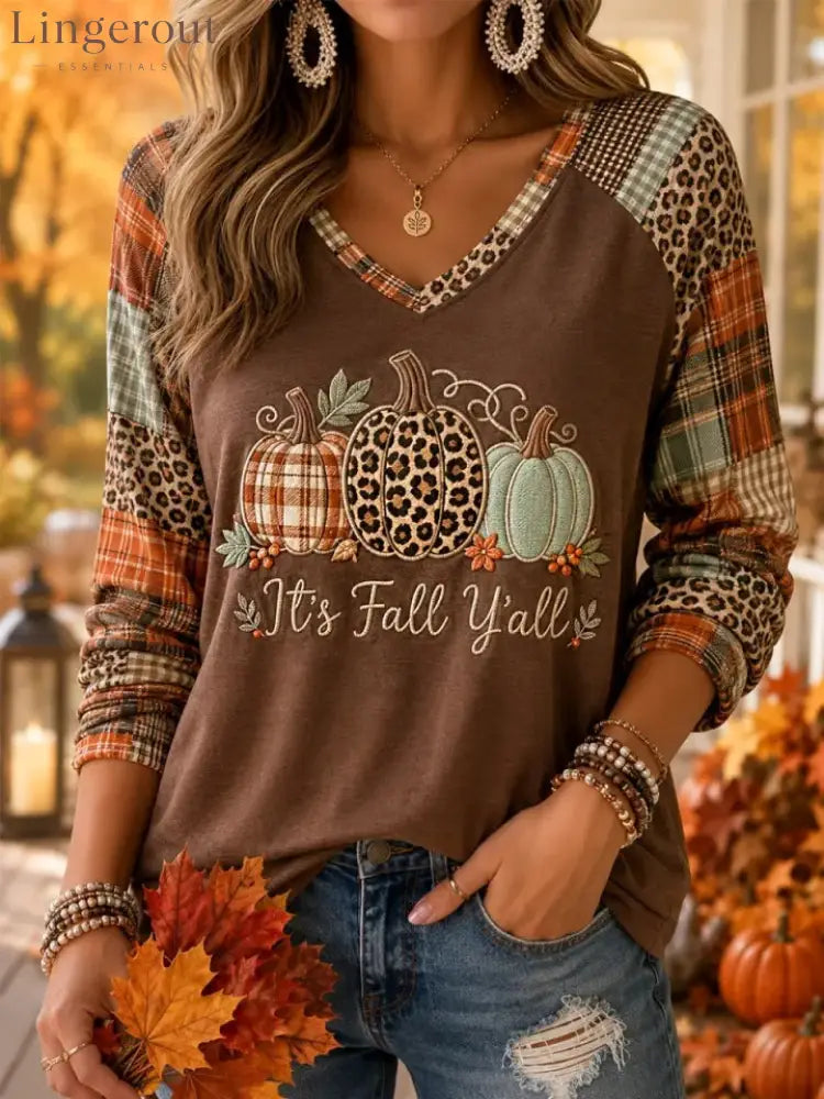 Women Hello Fall Ghost Pumpkin Spice Plaid Raglan Long Sleeve V‑Neck T‑Shirt
