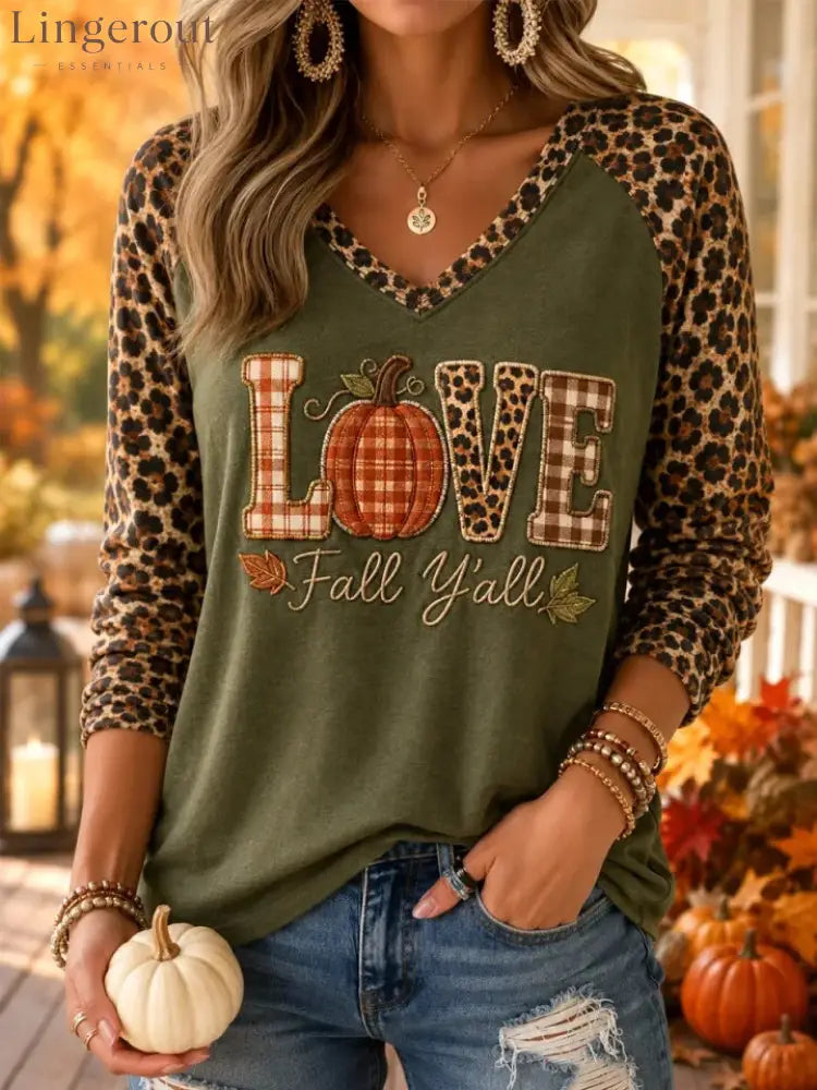 Women Hello Fall Ghost Pumpkin Spice Plaid Raglan Long Sleeve V‑Neck T‑Shirt - LOVE / S