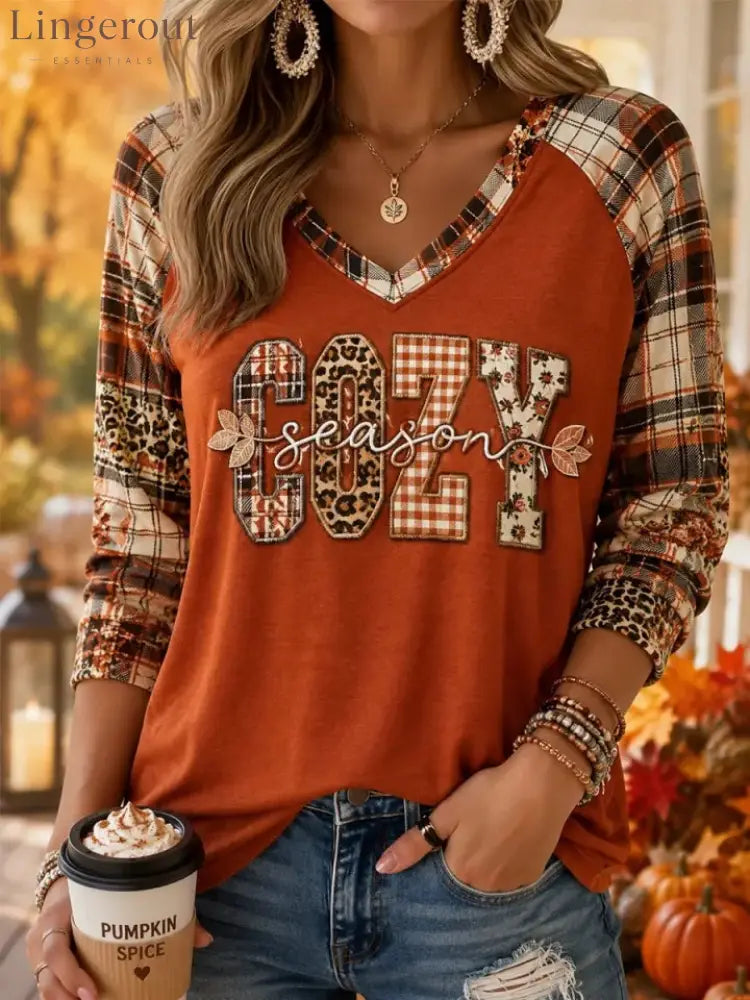 Women Hello Fall Ghost Pumpkin Spice Plaid Raglan Long Sleeve V‑Neck T‑Shirt - Pumpkin / S