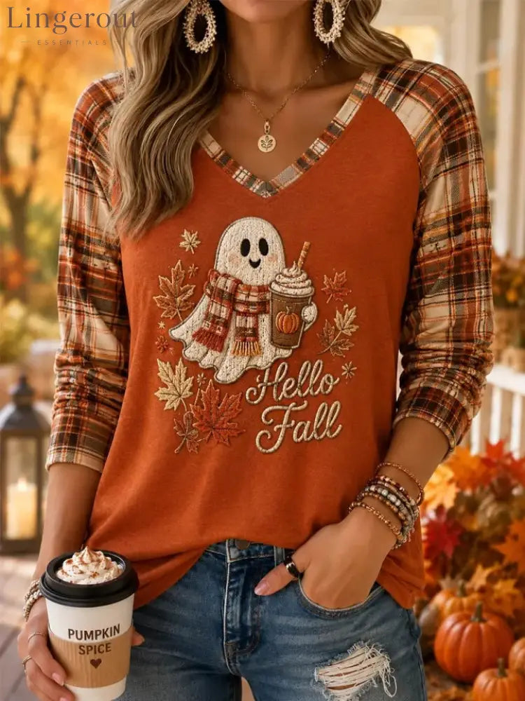 Women Hello Fall Ghost Pumpkin Spice Plaid Raglan Long Sleeve V‑Neck T‑Shirt - Ghost / S