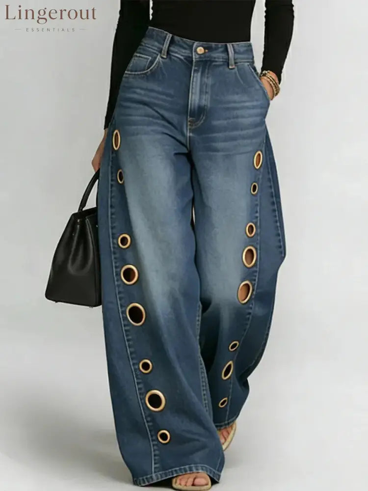 Women High Waist Wide Leg Jeans - Dark blue / S