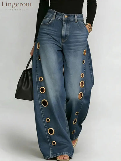 Women High Waist Wide Leg Jeans - Dark blue / S