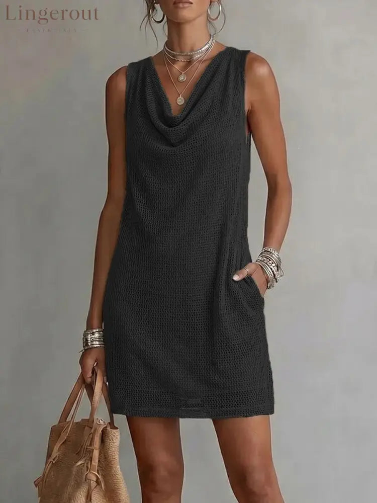 Women Hollow Out Knit Sleeveless Mini Dress - Black / S
