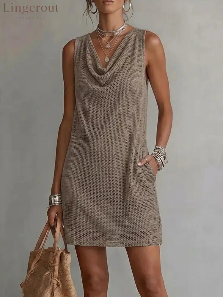 Women Hollow Out Knit Sleeveless Mini Dress - Khaki / S