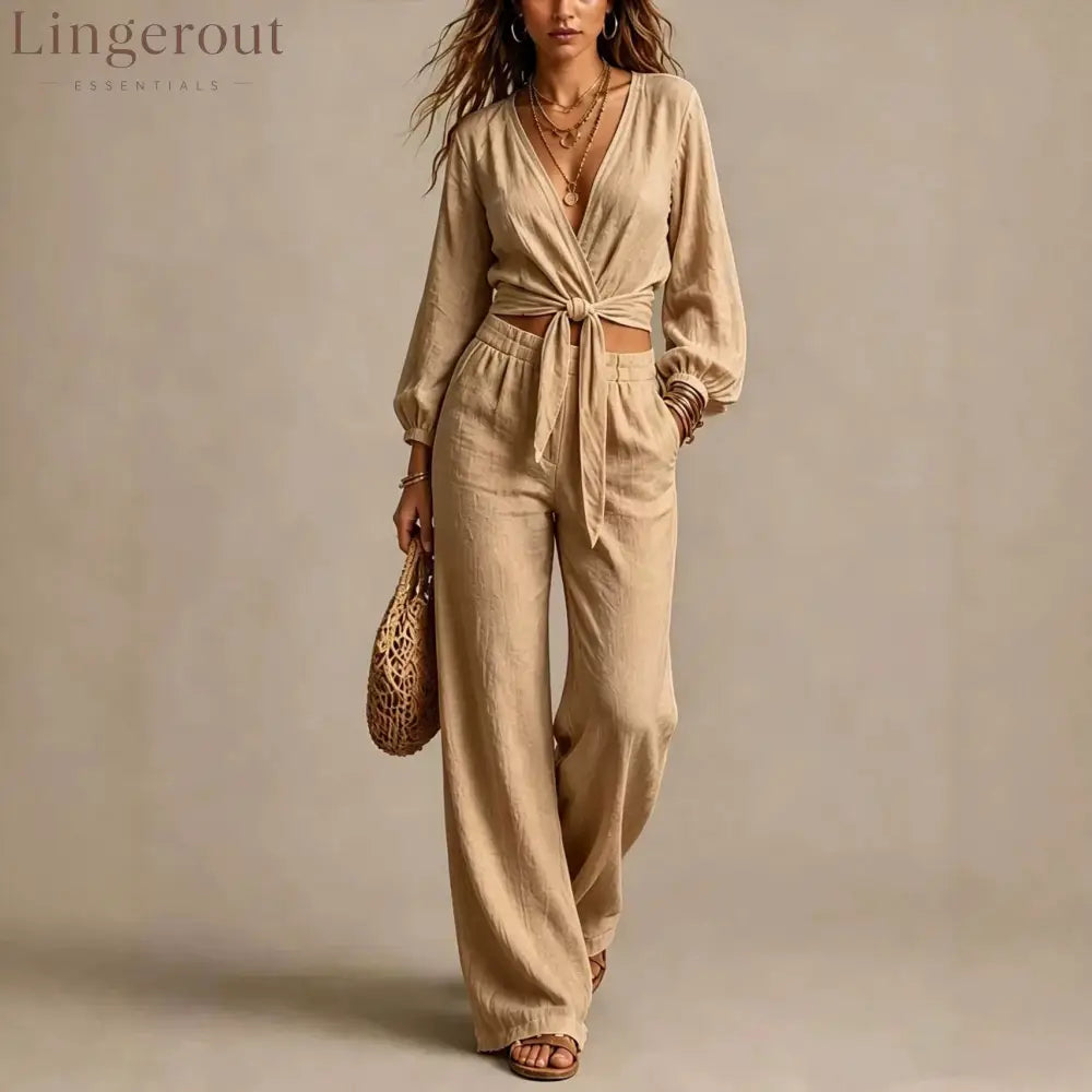 Women Linen Two Piece Outfit Deep V Wrap Tie Crop Blouse High Waist Wide Leg Pants Matching Set Vacation Casual