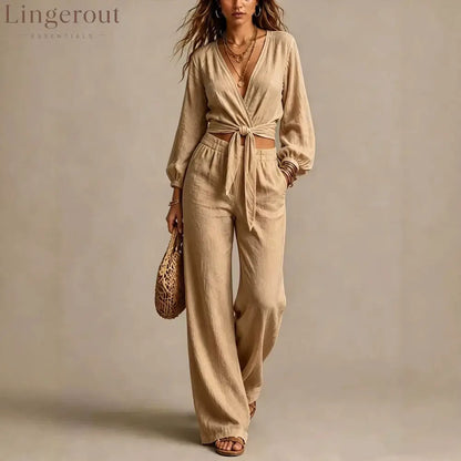 Women Linen Two Piece Outfit Deep V Wrap Tie Crop Blouse High Waist Wide Leg Pants Matching Set Vacation Casual