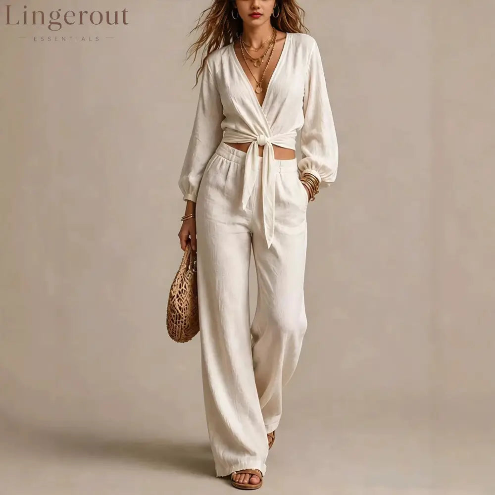 Women Linen Two Piece Outfit Deep V Wrap Tie Crop Blouse High Waist Wide Leg Pants Matching Set Vacation Casual