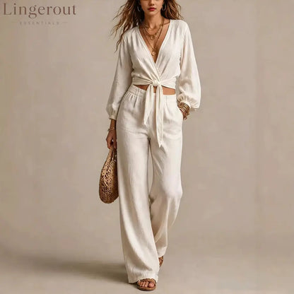 Women Linen Two Piece Outfit Deep V Wrap Tie Crop Blouse High Waist Wide Leg Pants Matching Set Vacation Casual