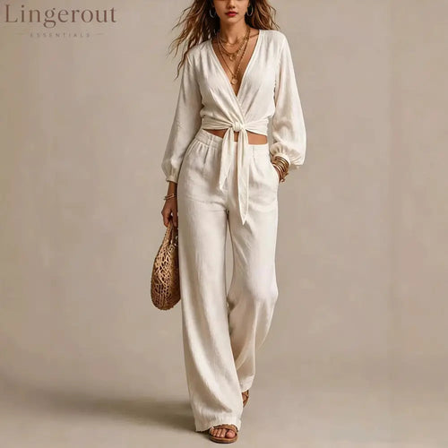 Women Linen Two Piece Outfit Deep V Wrap Tie Crop Blouse High Waist Wide Leg Pants Matching Set Vacation Casual