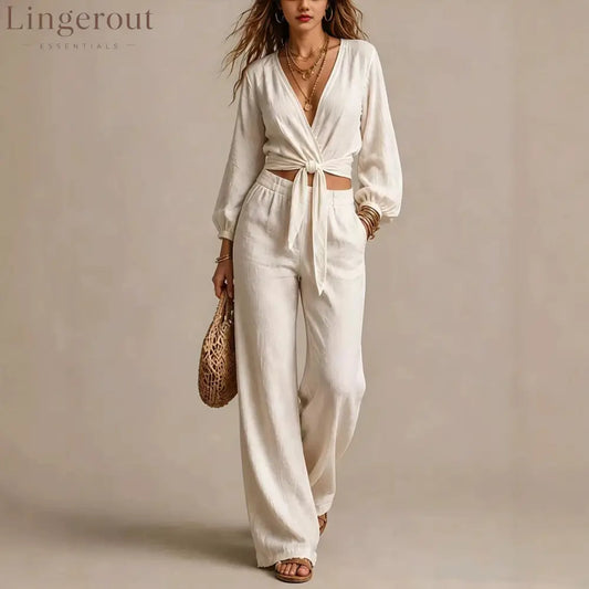 Women Linen Two Piece Outfit Deep V Wrap Tie Crop Blouse High Waist Wide Leg Pants Matching Set Vacation Casual