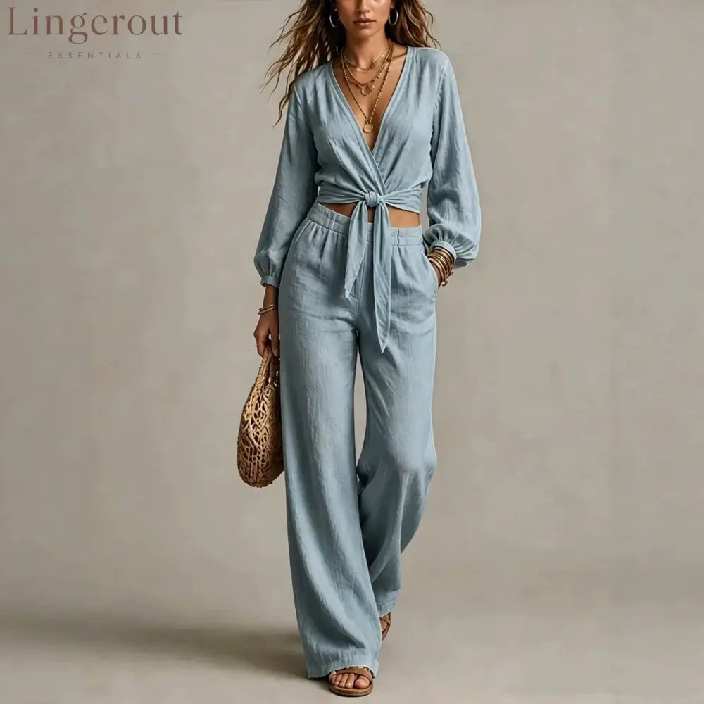 Women Linen Two Piece Outfit Deep V Wrap Tie Crop Blouse High Waist Wide Leg Pants Matching Set Vacation Casual
