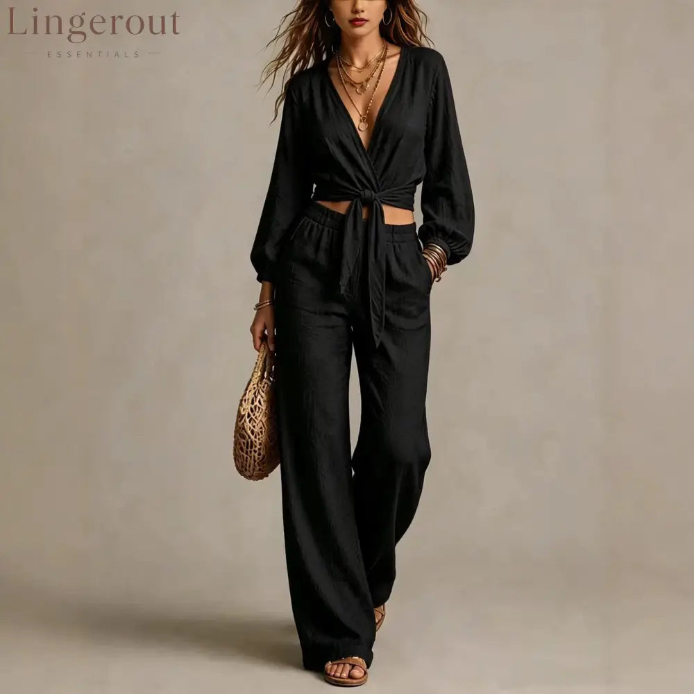 Women Linen Two Piece Outfit Deep V Wrap Tie Crop Blouse High Waist Wide Leg Pants Matching Set Vacation Casual