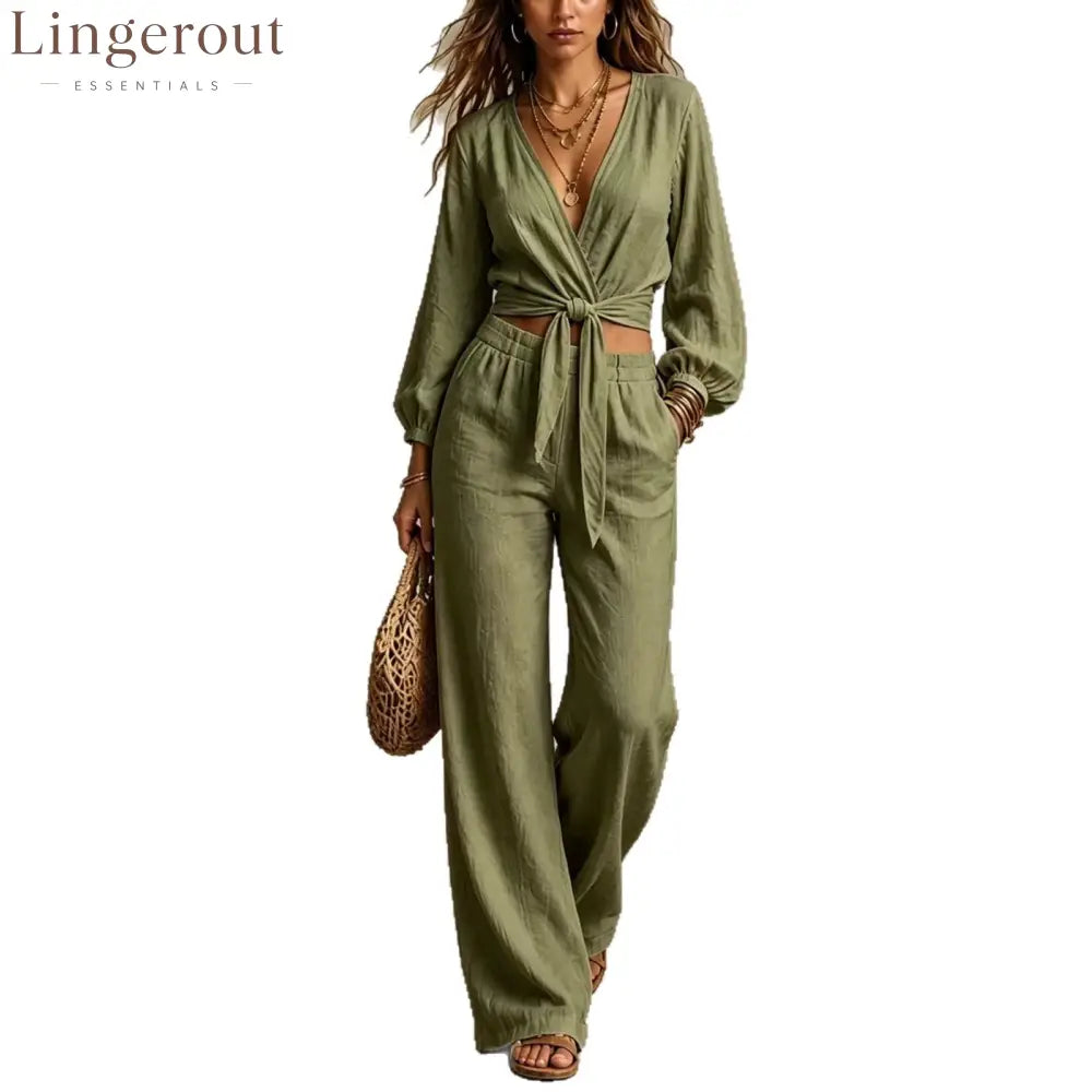 Women Linen Two Piece Outfit Deep V Wrap Tie Crop Blouse High Waist Wide Leg Pants Matching Set Vacation Casual