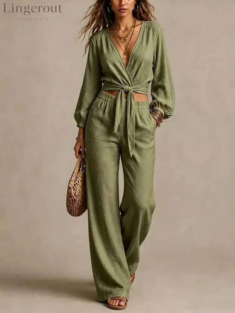 Women Linen Two Piece Outfit Deep V Wrap Tie Crop Blouse High Waist Wide Leg Pants Matching Set Vacation Casual