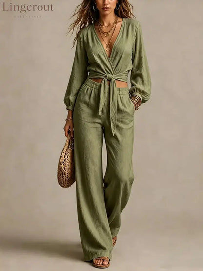 Women Linen Two Piece Outfit Deep V Wrap Tie Crop Blouse High Waist Wide Leg Pants Matching Set Vacation Casual