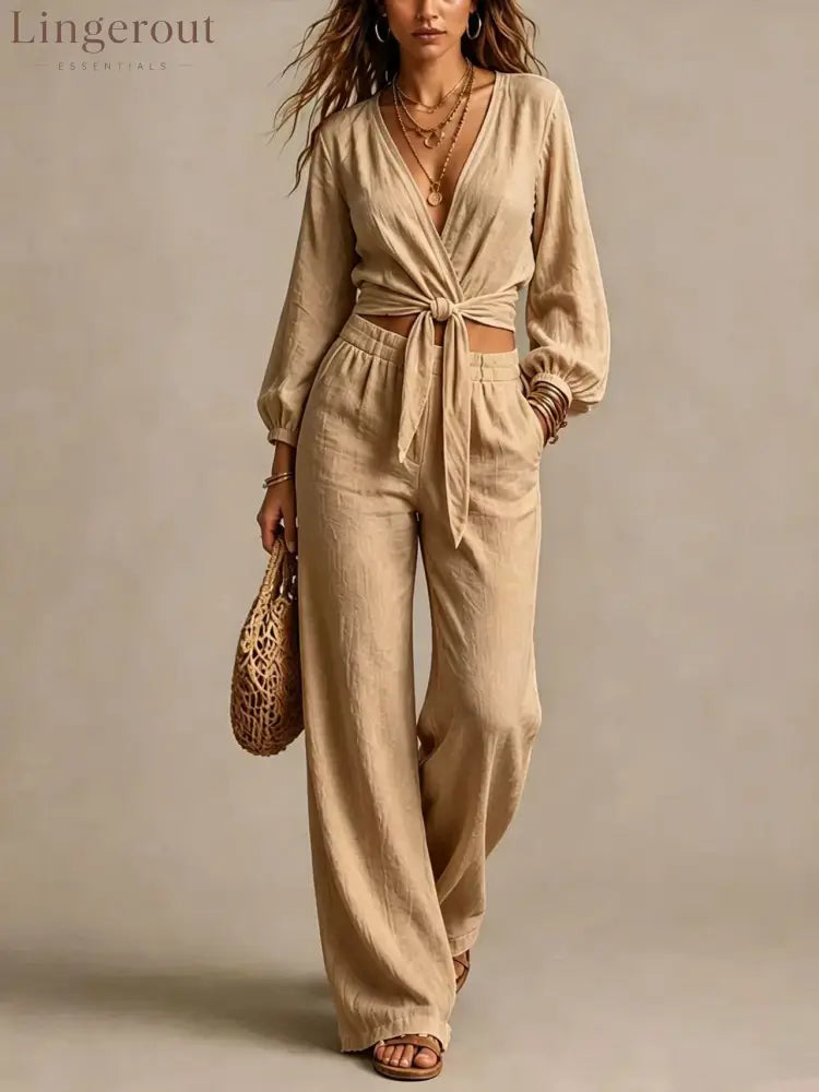 Women Linen Two Piece Outfit Deep V Wrap Tie Crop Blouse High Waist Wide Leg Pants Matching Set Vacation Casual