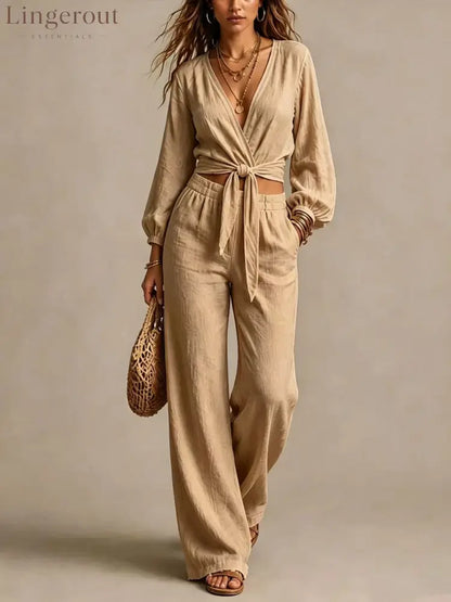Women Linen Two Piece Outfit Deep V Wrap Tie Crop Blouse High Waist Wide Leg Pants Matching Set Vacation Casual