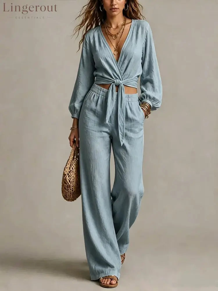 Women Linen Two Piece Outfit Deep V Wrap Tie Crop Blouse High Waist Wide Leg Pants Matching Set Vacation Casual