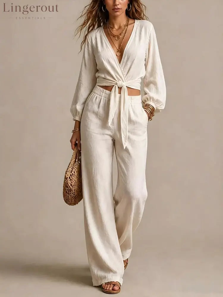 Women Linen Two Piece Outfit Deep V Wrap Tie Crop Blouse High Waist Wide Leg Pants Matching Set Vacation Casual