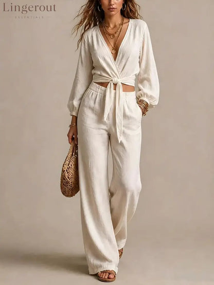 Women Linen Two Piece Outfit Deep V Wrap Tie Crop Blouse High Waist Wide Leg Pants Matching Set Vacation Casual