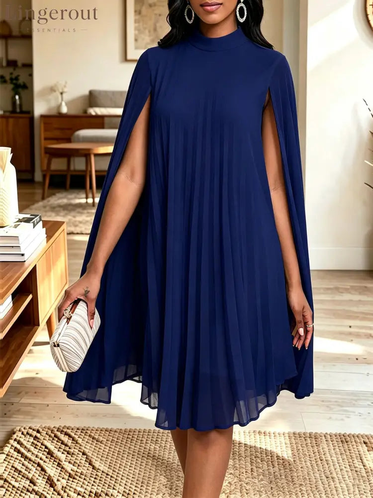 Women Mock Neck Cape Sleeve Pleated Chiffon Midi Party Dress - Blue / S