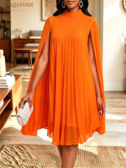 Women Mock Neck Cape Sleeve Pleated Chiffon Midi Party Dress - Orange / S