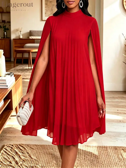 Women Mock Neck Cape Sleeve Pleated Chiffon Midi Party Dress - Red / S