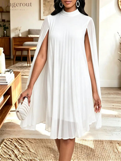 Women Mock Neck Cape Sleeve Pleated Chiffon Midi Party Dress - White / S