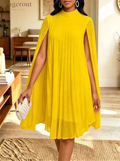 Women Mock Neck Cape Sleeve Pleated Chiffon Midi Party Dress - Yellow / S