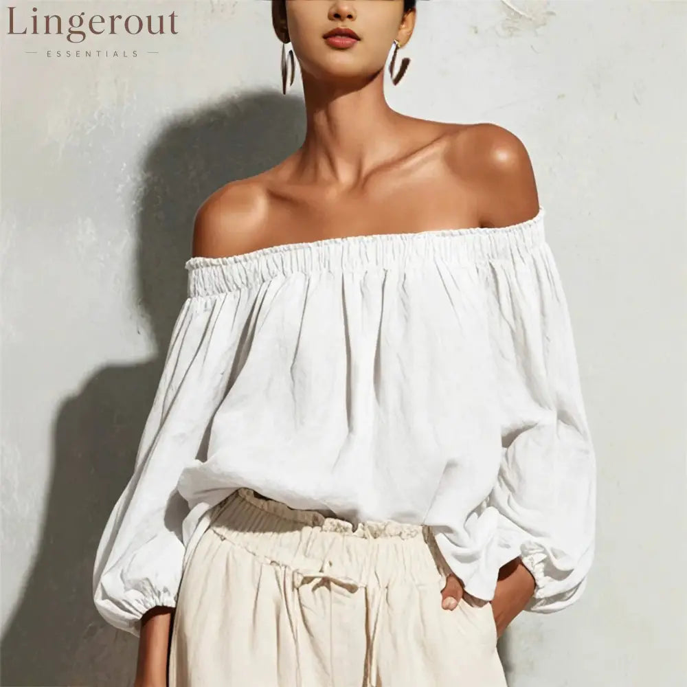 Women Off Shoulder Puff Bubble Sleeve Crinkled Casual Blouse