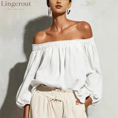 Women Off Shoulder Puff Bubble Sleeve Crinkled Casual Blouse