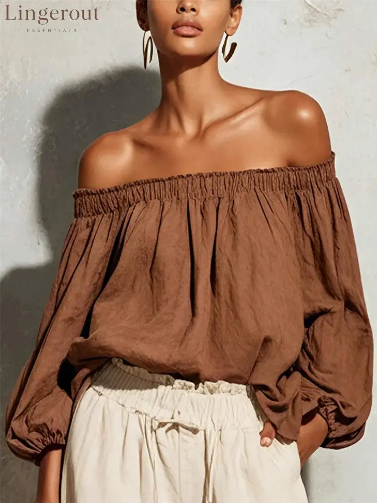 Women Off Shoulder Puff Bubble Sleeve Crinkled Casual Blouse - Brown / S