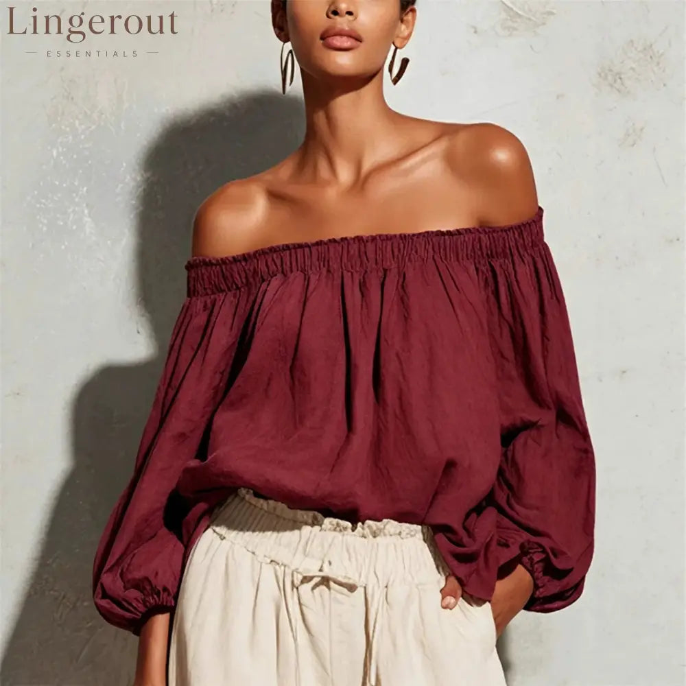 Women Off Shoulder Puff Bubble Sleeve Crinkled Casual Blouse - Claret / S