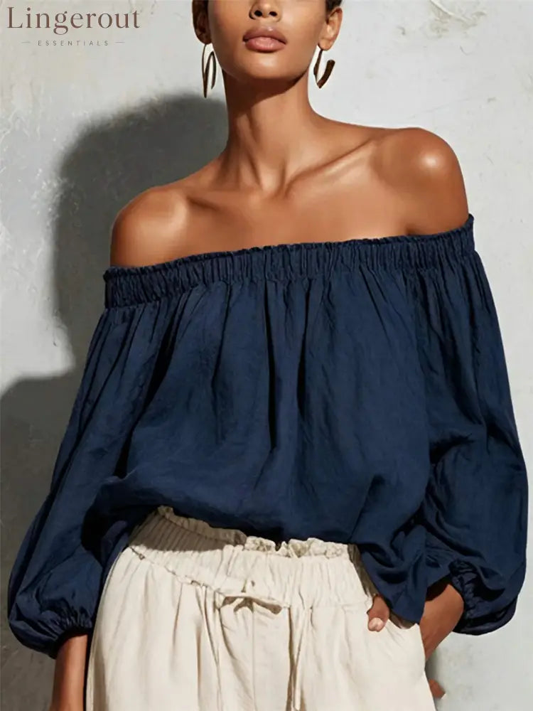 Women Off Shoulder Puff Bubble Sleeve Crinkled Casual Blouse - Navy blue / S
