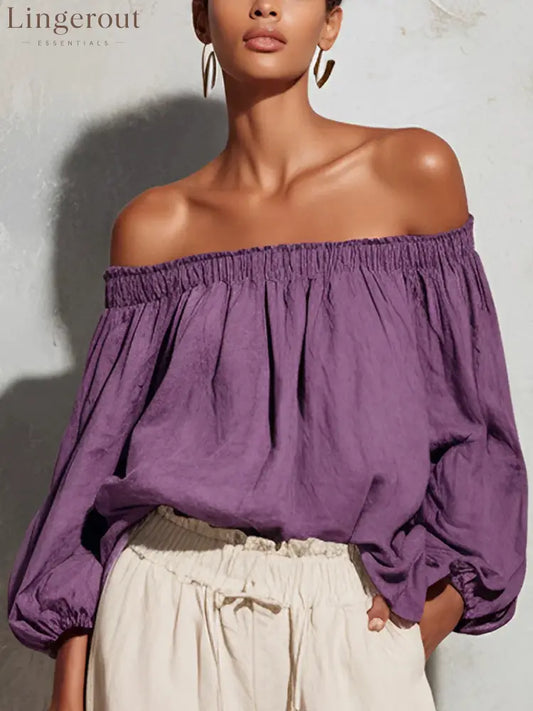 Women Off Shoulder Puff Bubble Sleeve Crinkled Casual Blouse - Purple / S