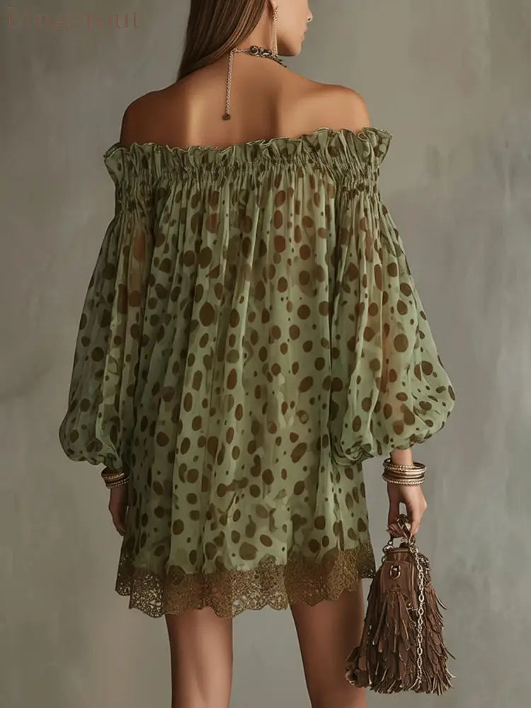Women Off‑Shoulder Puff Long Sleeve Polka Dot Chiffon Mini Dress - Long Sleeve Mini Dress